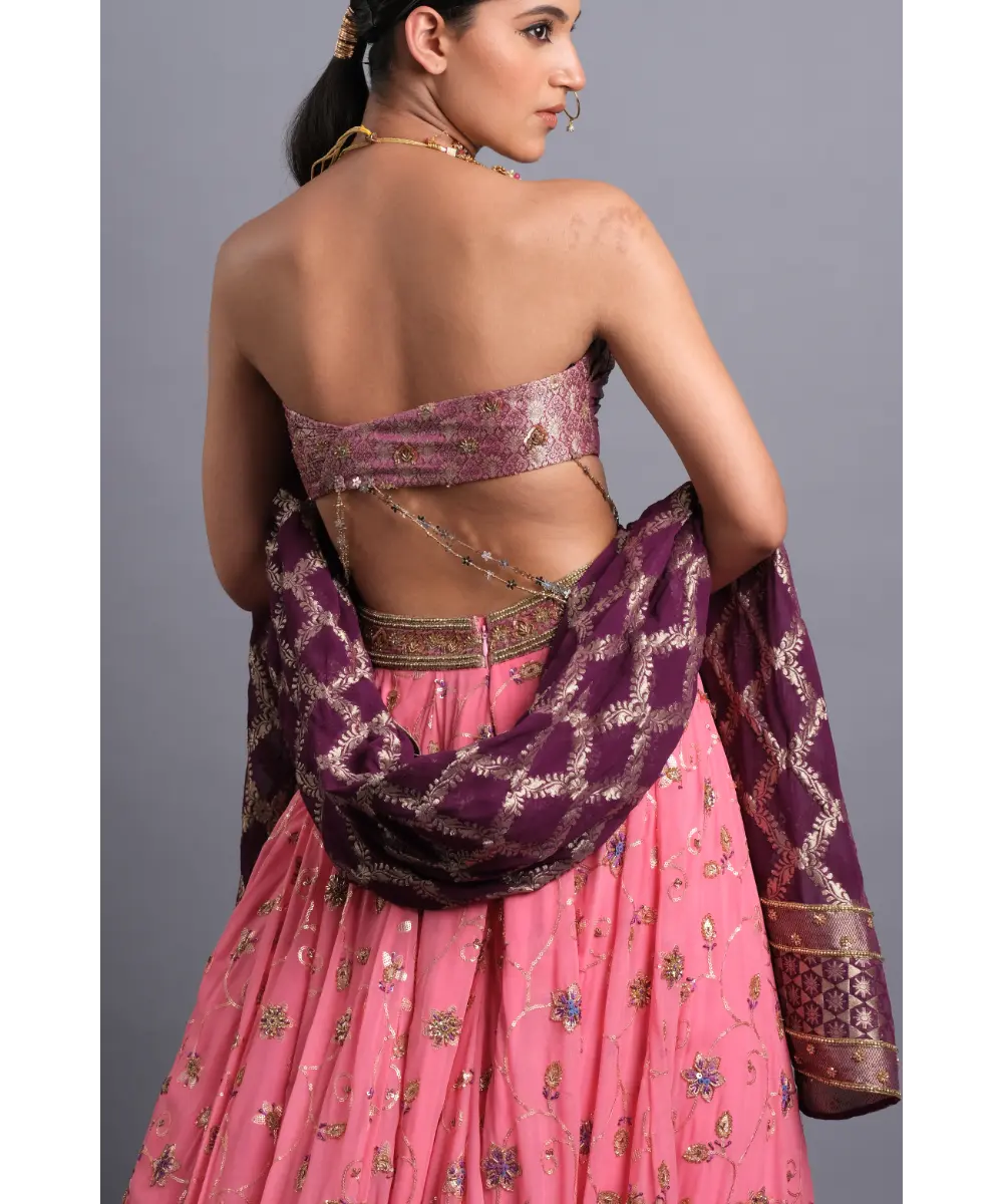 AASTHA SOOD - Bubblegum pink georgette Zardozi Lehenga - Enhanced